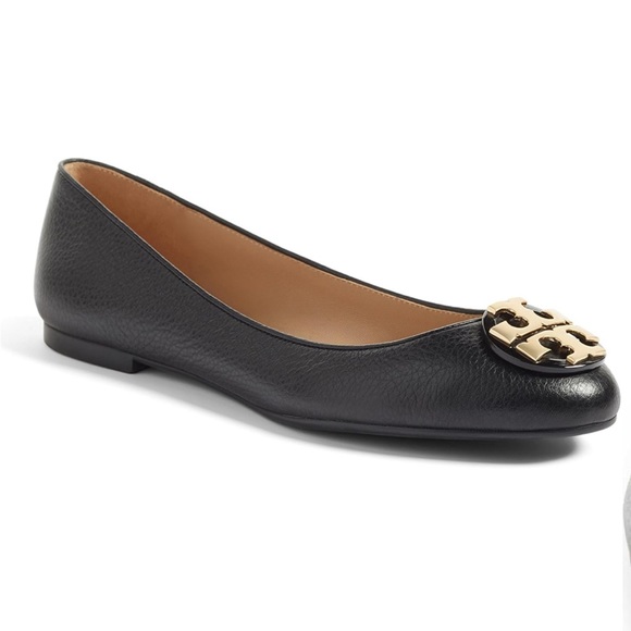 Tory Burch Shoes - Tory Burch Womens Claire Ballet Flat Tumbled Leather Black/Gold Symbol Size 8